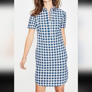 Boden Eleanor Gingham Blue Shirt Dress Linen Cotton Pockets 12 L (Altered)